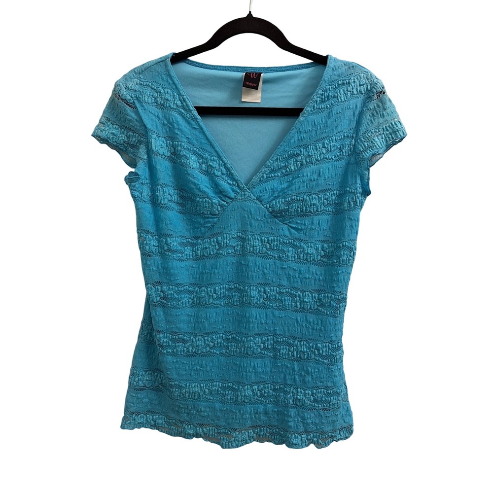 Babydoll Top Y2K Fairycore Wrapper Women Large Blue Lace V-Neck Cap Sleeve
